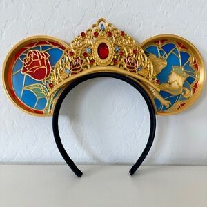 Disney Beauty & the Beast Stain Glass Inspired Gold & Red Rose Tiara Ears